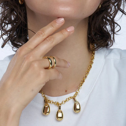 AN-O - Double ring in rhodium steel metallic PVD. adjustable. Color : Light Gold Size: 52