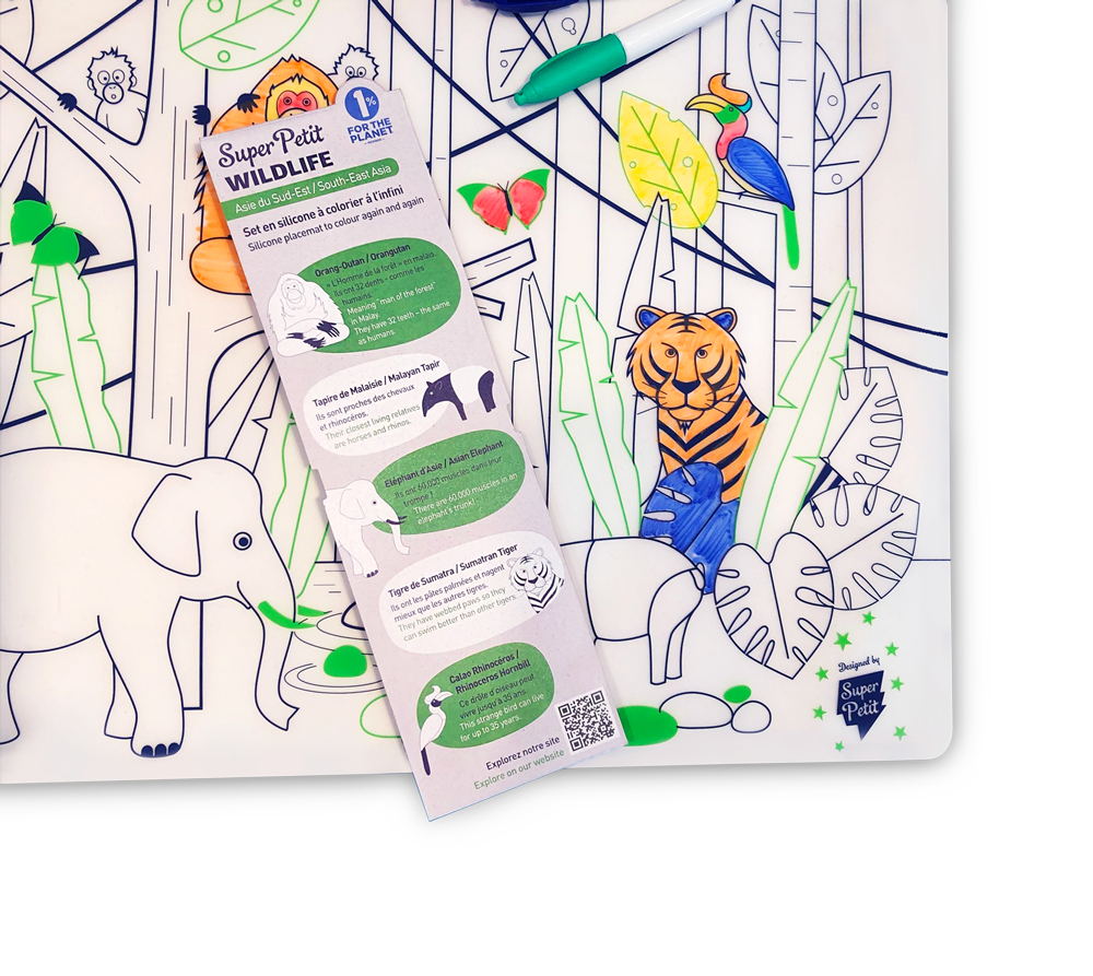 Coloring "Wildlife Jungle South-East Asia" Table Mat with bracelet and 5 markers